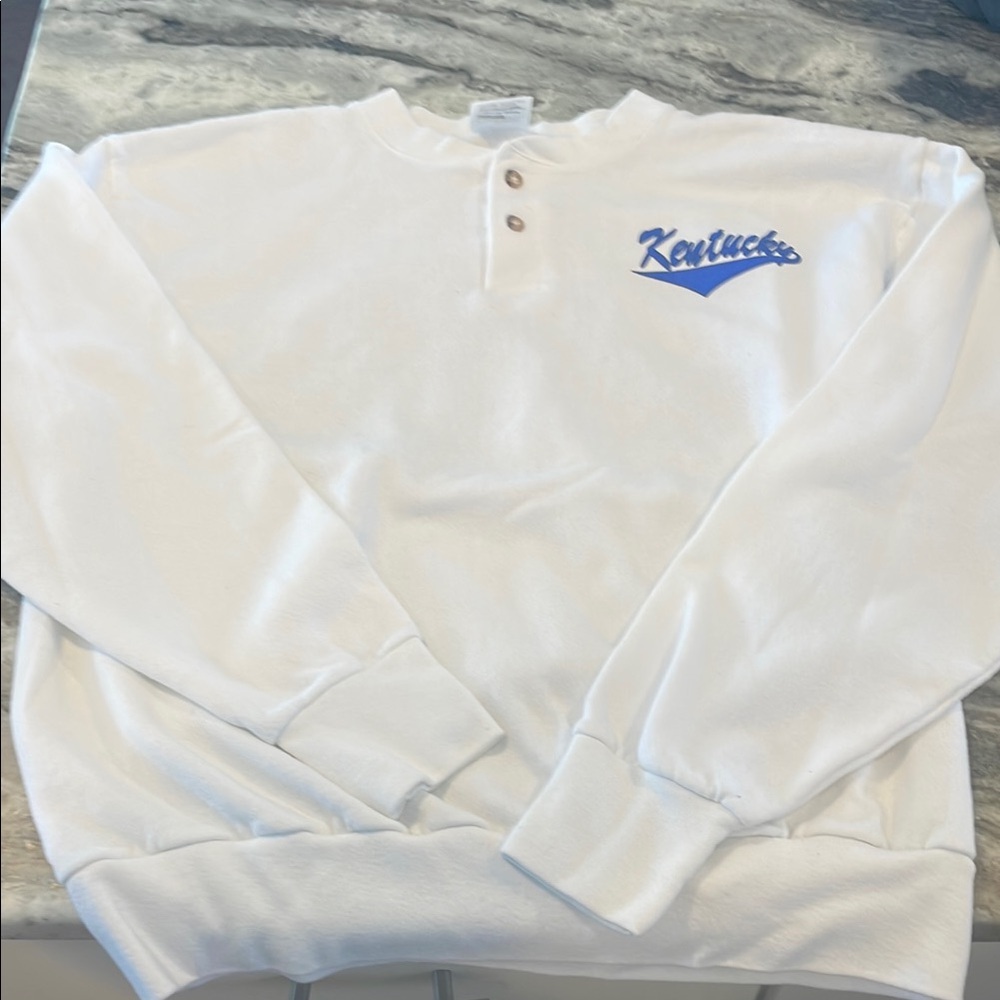 Vintage UofK White Henley Sweatshirt with Blue Embroidery